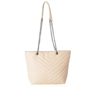 Cream chevron quilted faux leather tote bag.